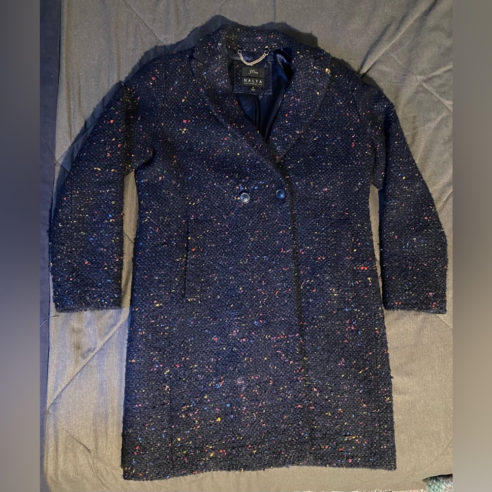 Jcrew blue coat with rainbow speckles!